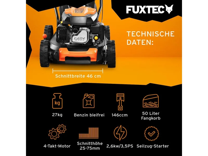 FUXTEC 3in1 Benzine Grasmaaier FX-RM4646ECO - 3,5pk / 2,6kW - 46cm Maaibreedte - 7-traps Maaihoogteverstelling - 4-Takt - Incl. 50L Grasvanger - Mulchfunctie & Reinigingsaansluiting by FUXTEC – product image 2 of 5