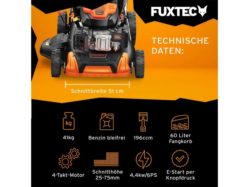 FUXTEC 4-in-1 Benzine Grasmaaier FX-RM5196eSPRO – Elektrische Start – 6 pk – 51 cm Maaibreedte – Flexibele Achterwielaandrijving – 4-Takt – Maaihoogte 25–75 mm – 60 L Grasopvangbak – Mulchfunctie de FUXTEC – image du produit 2 sur 5