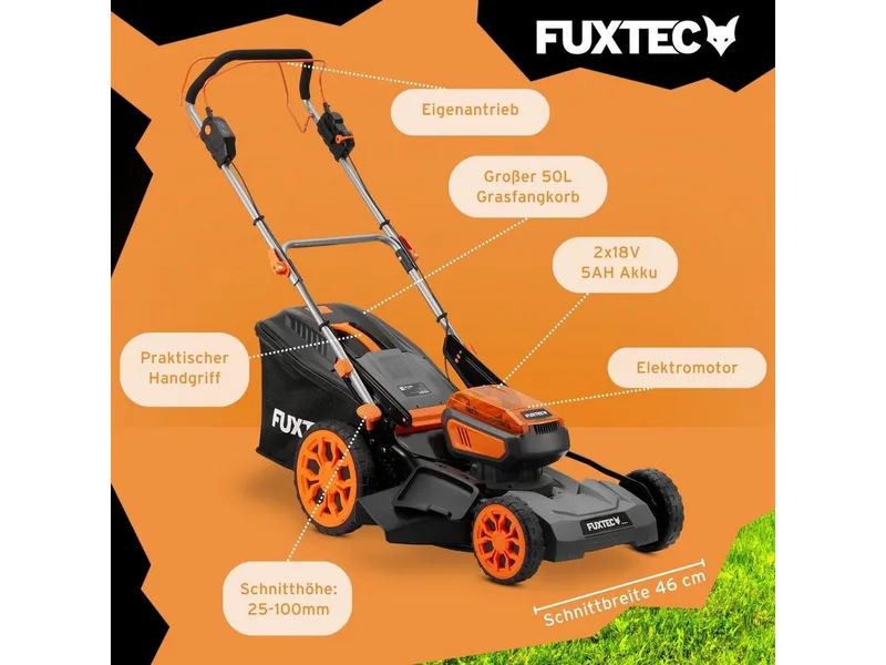 FUXTEC 40V accu grasmaaier FX-E2RM46PROSET | accu grasmaaier met aandrijving | 46 cm | 2x 5Ah accu & snellader | mulchfunctie | 50L grasopvangbak van FUXTEC – productafbeelding 2 van 5