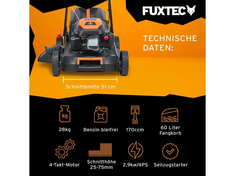 FUXTEC 4in1 Benzine Grasmaaier FX-RM5170 - 4pk/2,9kW - 51cm Maaibreedte - 7-traps Hoogteverstelling - 4-Takt - Achterwielaandrijving - 60L Grasvanger - Mulchfunctie & Zij-uitworp von FUXTEC – Produktbild 2 von 5