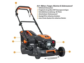 FUXTEC 4in1 Benzine Grasmaaier FX-RM5170 - 4pk/2,9kW - 51cm Maaibreedte - 7-traps Hoogteverstelling - 4-Takt - Achterwielaandrijving - 60L Grasvanger - Mulchfunctie & Zij-uitworp von FUXTEC – Produktbild 5 von 5