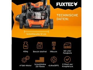 FUXTEC 4in1 Benzine Grasmaaier FX-RM5196eS - Elektrische Start - 6pk/4.4kW - 51cm Maaibreedte ,Hoogteverstelling 25mm-75mm - 4-Takt - Achterwielaandrijving, 60L Grasvanger - Mulchfunctie & Zij-uitworp de FUXTEC – image du produit 2 sur 5