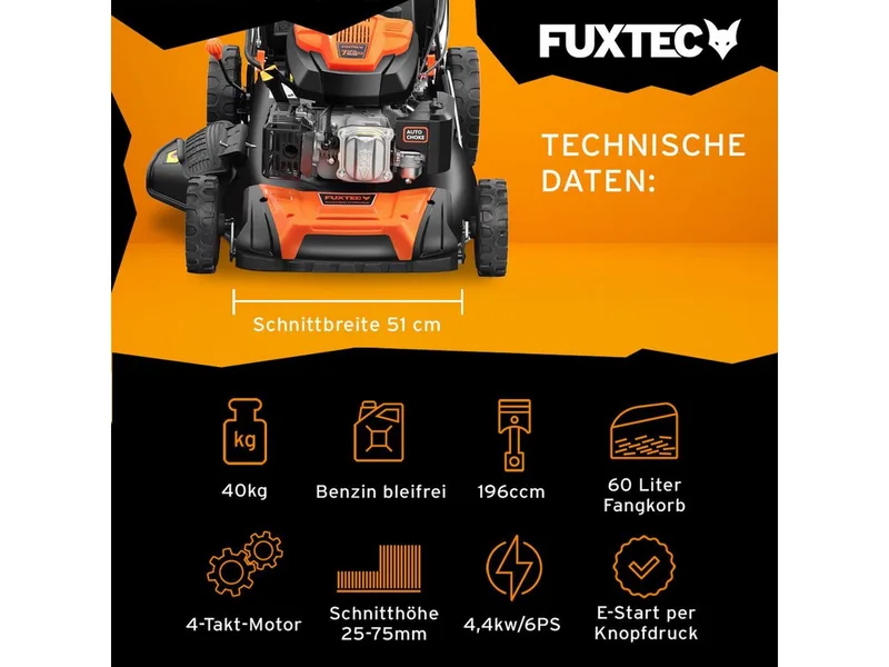 FUXTEC 4in1 Benzine Grasmaaier FX-RM5196eS - Elektrische Start - 6pk/4.4kW - 51cm Maaibreedte ,Hoogteverstelling 25mm-75mm - 4-Takt - Achterwielaandrijving, 60L Grasvanger - Mulchfunctie & Zij-uitworp de FUXTEC – image du produit 2 sur 5