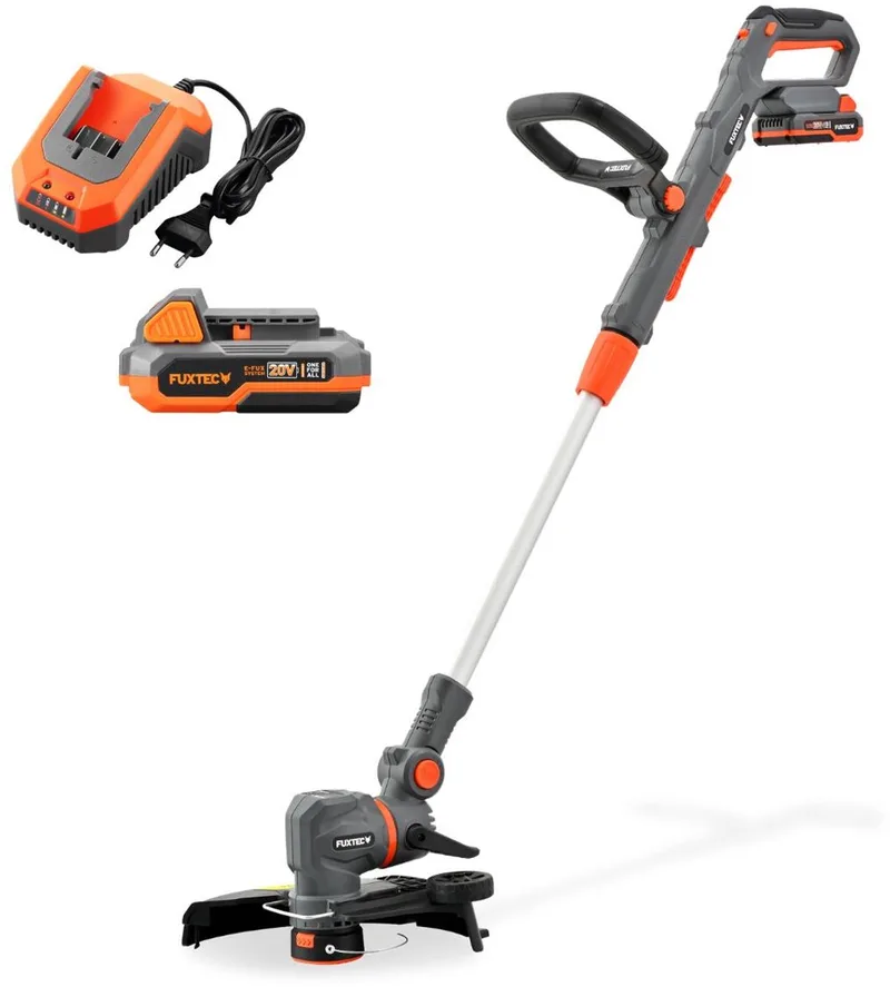 FX-E1RT20PROSET accu grastrimmer 20V met accu en oplader | Kantensnijder met draad en mes, 28 cm snijbreedte en telescoopsteel van FUXTEC – productafbeelding 1 van 5