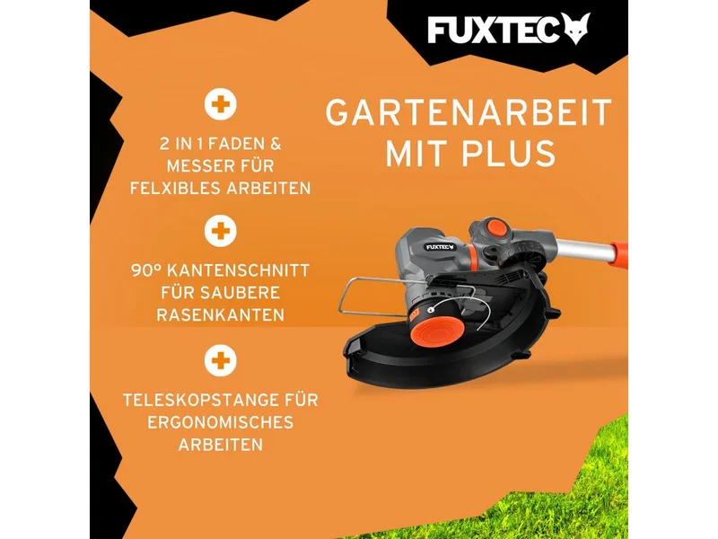 FX-E1RT20PROSET accu grastrimmer 20V met accu en oplader | Kantensnijder met draad en mes, 28 cm snijbreedte en telescoopsteel van FUXTEC – productafbeelding 3 van 5
