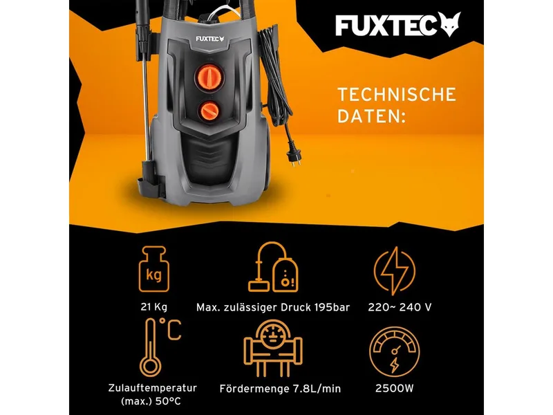 FX-HDRP2500 Hogedrukreiniger 2500W, 195 bar, 7,8 L/min, 468 l/u, slanghaspel, reinigingstank de FUXTEC – image du produit 2 sur 5