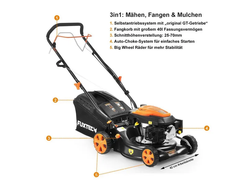FX-RM4346 Benzine Grasmaaier – 3-in-1 – 43 cm – Zelfrijdend met Achterwielaandrijving – Mulchfunctie & 40L Opvangbak – Big Wheels by FUXTEC – product image 5 of 5