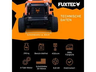 FX-RMT84M zitmaaier met een maaibreedte van 83 cm, 6-traps maaihoogteverstelling, grasvangvoorziening van 280 liter, hydrostatische transmissie. van FUXTEC – productafbeelding 2 van 5