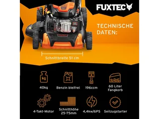 Grasmaaier Benzine - 51cm - Zelfrijdend / Zelftrekkend / Achterwielaandrijving - Mulchfunctie - Opvangbak 60L - FX-RM5196 van FUXTEC – productafbeelding 3 van 5