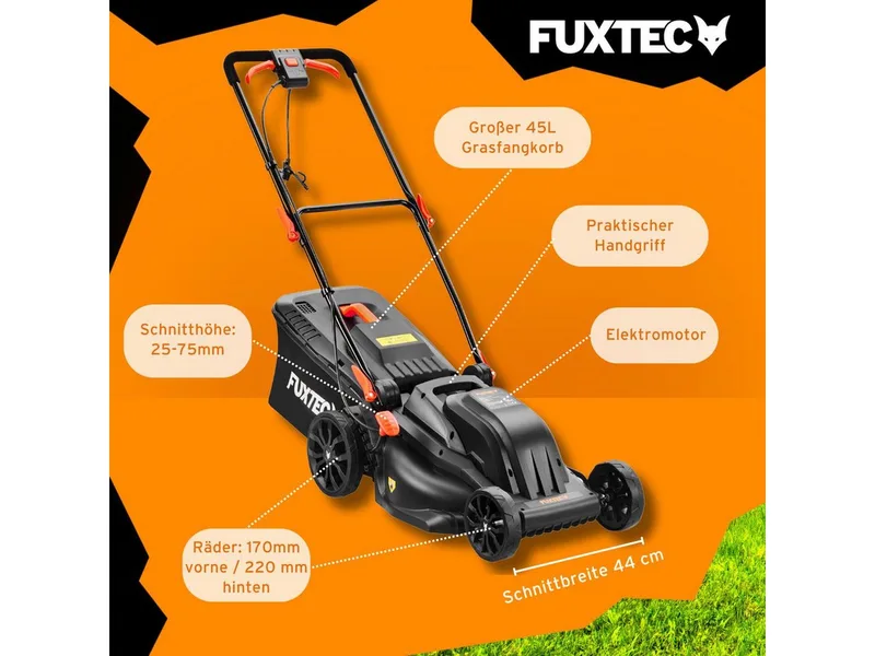 grasmaaier elektrisch FX-RME43, 43cm, 45L, hoogte 25-75mm, 1200W, 12kg, duw, bak inbegrepen, ideale tuin 220V fra FUXTEC – produktbillede 4 af 5