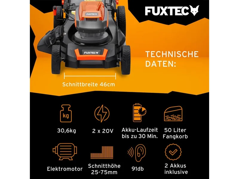 grasmaaier elektrisch FX-RME43, 43cm, 45L, hoogte 25-75mm, 1200W, 12kg, duw, bak inbegrepen, ideale tuin 220V fra FUXTEC – produktbillede 2 af 5
