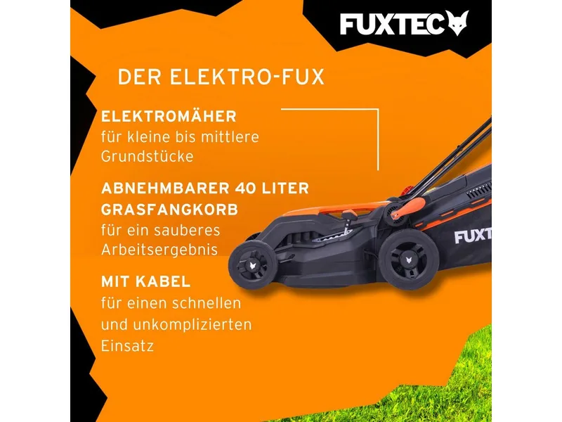 Grasmaaier Elektrisch met Kabel FX-RME38 - 38cm met 40L Grasopvangbak - slechts 12kg - Maaihoogte 20-70mm - 1600Watt & 220V van FUXTEC – productafbeelding 4 van 5