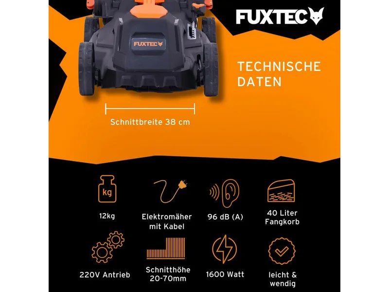 Grasmaaier Elektrisch met Kabel FX-RME38 - 38cm met 40L Grasopvangbak - slechts 12kg - Maaihoogte 20-70mm - 1600Watt & 220V van FUXTEC – productafbeelding 2 van 5