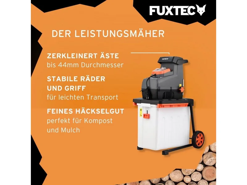 Häcksler FX-EGH2800B, 44 cm max. Astdurchmesser, 2800W, Walzenschneidsystem, 60L Fangbox van FUXTEC – productafbeelding 4 van 5