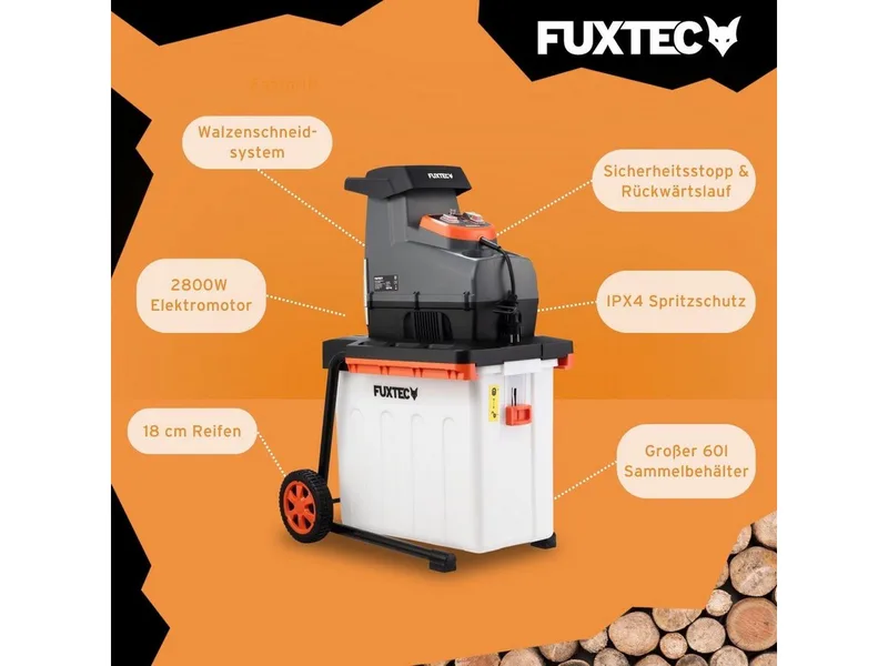 Häcksler FX-EGH2800B, 44 cm max. Astdurchmesser, 2800W, Walzenschneidsystem, 60L Fangbox van FUXTEC – productafbeelding 5 van 5