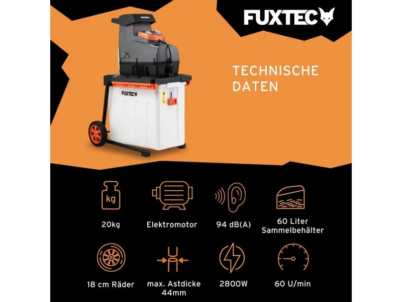 Häcksler FX-EGH2800B, 44 cm max. Astdurchmesser, 2800W, Walzenschneidsystem, 60L Fangbox van FUXTEC – productafbeelding 2 van 5