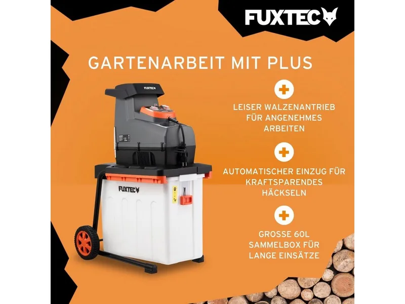 Häcksler FX-EGH2800B, 44 cm max. Astdurchmesser, 2800W, Walzenschneidsystem, 60L Fangbox van FUXTEC – productafbeelding 3 van 5