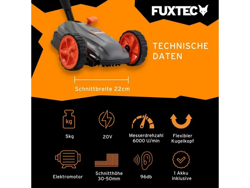 Snoerloze Einhand Gazonmaaier accu FX-E1RMEH20-SET – Compacte Grasmaaier – 20V Accu met Lader – 220 mm Maaibreedte – 300 W – 3-voudige Maaihoogteverstelling 30–50 mm – Flexibele Kogelkopbediening by FUXTEC – product image 3 of 5