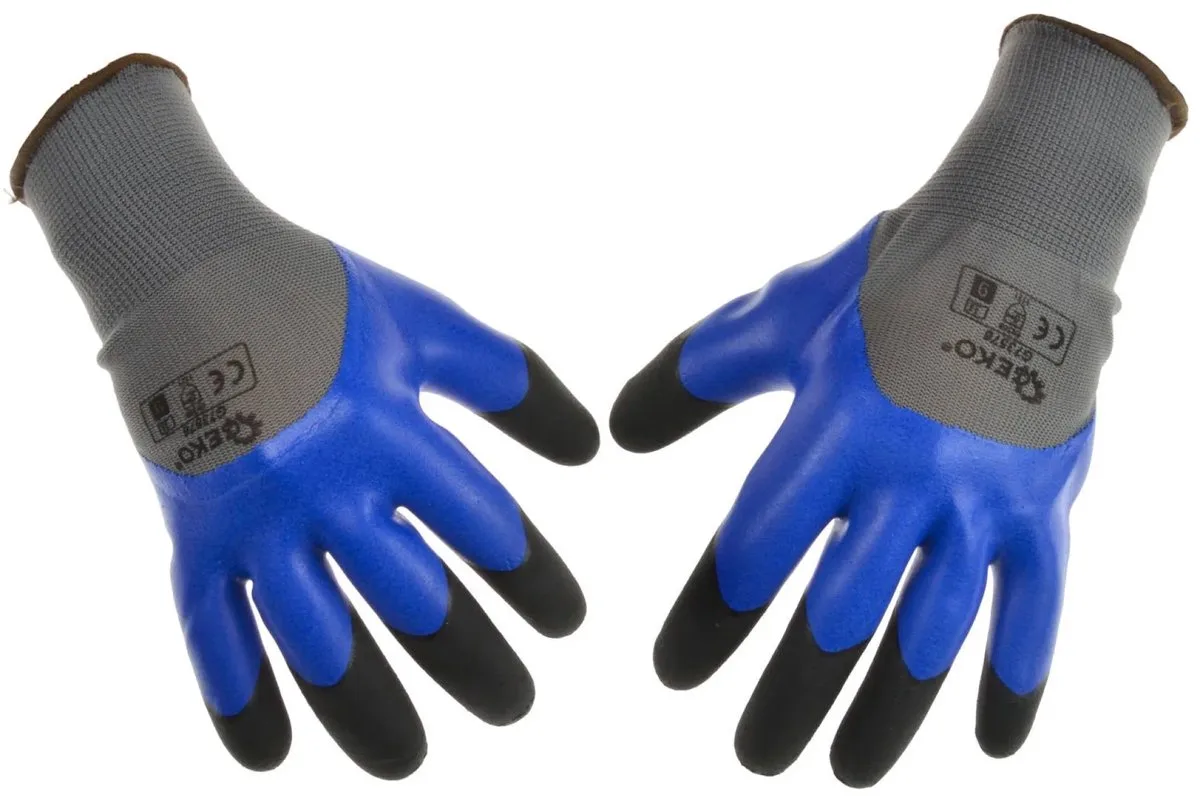 Blauwe werkhandschoenen - polyester - latex coating - versterkte vingertoppen - 12 stuks van GEKO, Zwart, 10 – productafbeelding