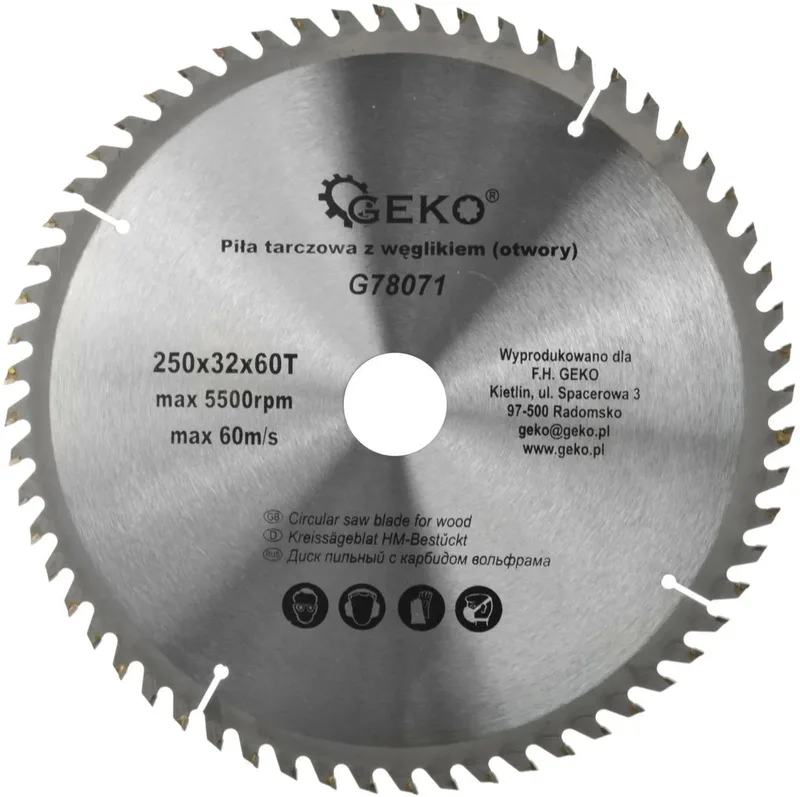 Cirkelzaagblad - TCT - 250 mm - 60T - Koelgaten de GEKO – image du produit