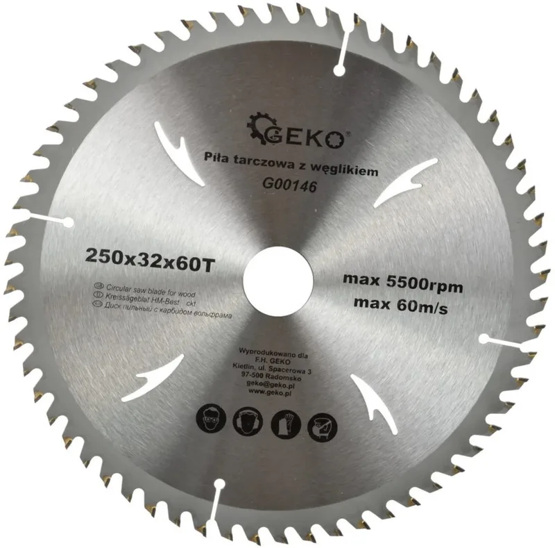 Cirkelzaagblad - Tungsten Carbide - 250 mm - 60 Tanden - Voor Houtbewerking von GEKO – Produktbild