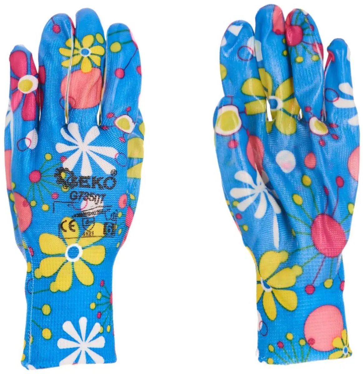 Dames werkhandschoenen - nitril coating - blauw met bloemen - 12 stuks von GEKO, Blau, 6 – Produktbild