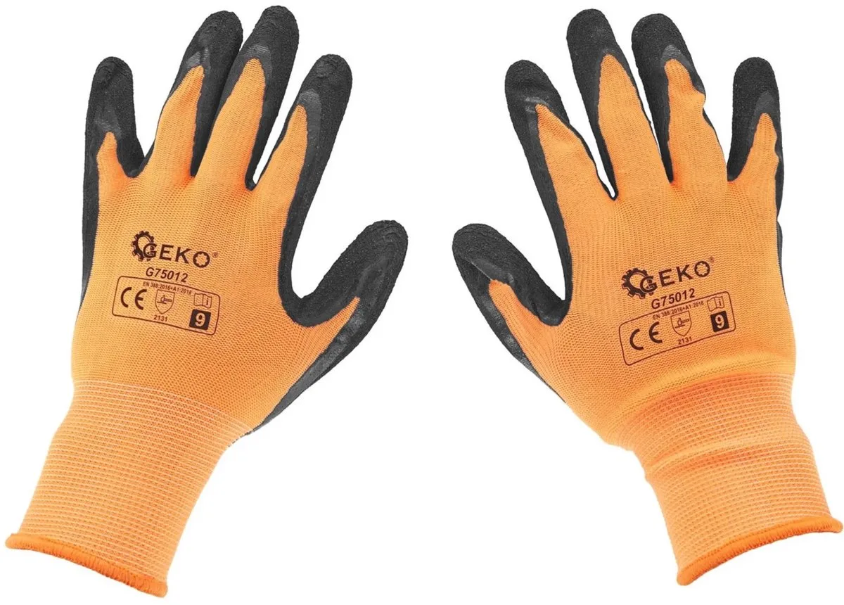 Elastische werkhandschoenen - latexcoating - oranje - 12 stuks van GEKO, Oranje, 9 – productafbeelding