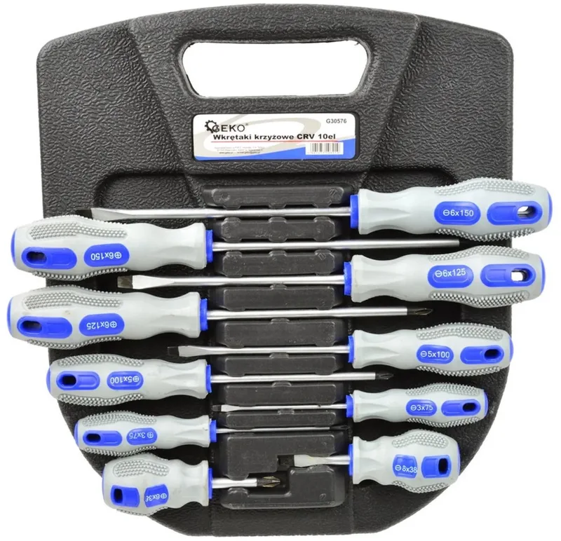 GEKO 10-delige schroevendraaierset - CrV staal - Magnetische punten - Ergonomische handgreep - Blauw-grijs de GEKO, Gris – image du produit