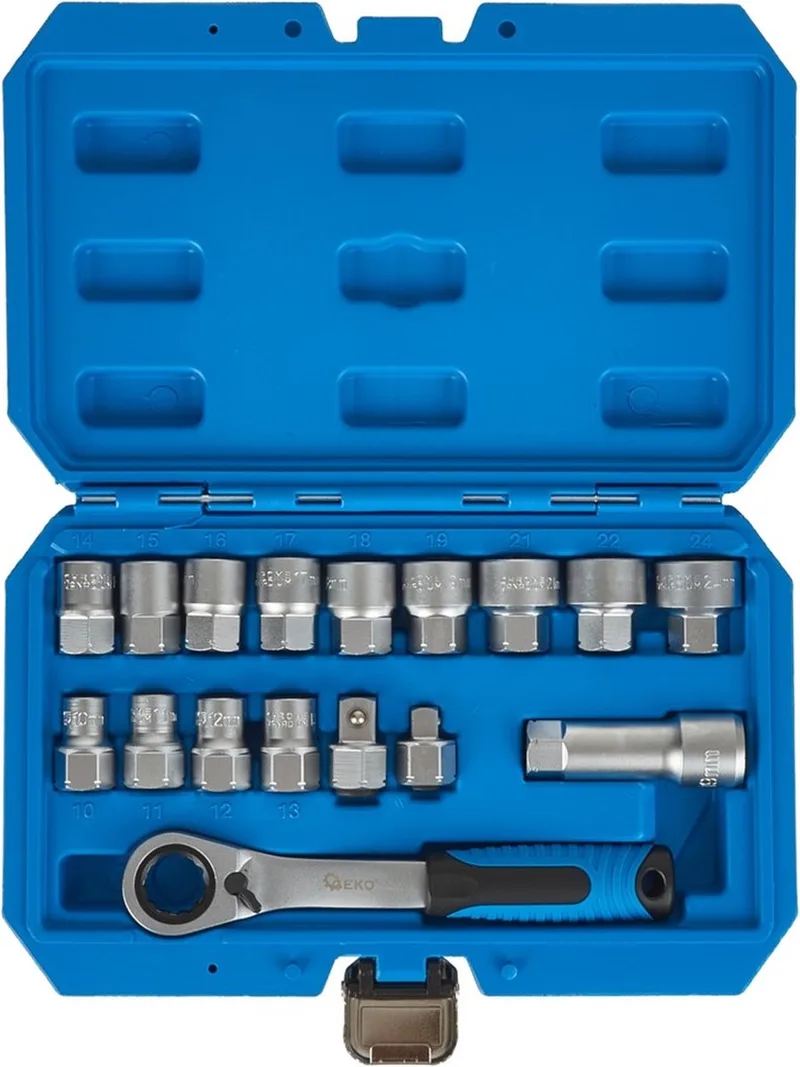 GEKO 17-delige spline dopsleutelset - CrV staal - Met ratel en adapters - 10-24 mm von GEKO, Ornaje – Produktbild