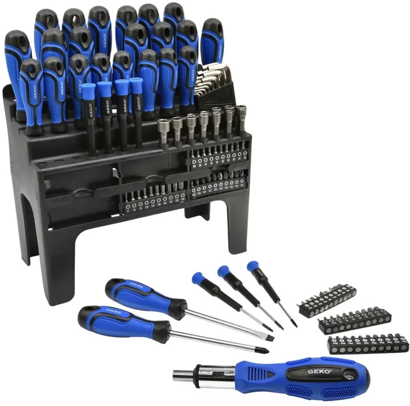 Gereedschapset - 122-delig - Magnetische tips - Twee-componenten handgreep - Inclusief ratelschroevendraaier von GEKO, Blau – Produktbild