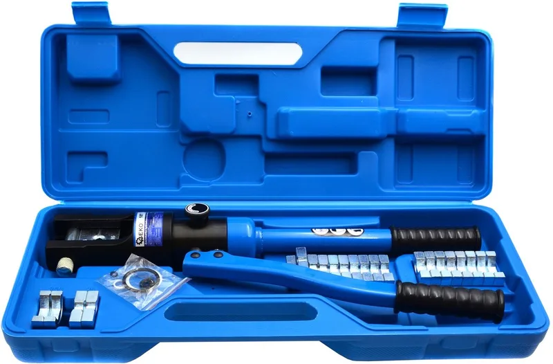 Hydraulische krimptang - 180° draaibare kop - 10-300mm² capaciteit - 12 matrijzen - Anti-slip handgreep van GEKO, Blauw – productafbeelding