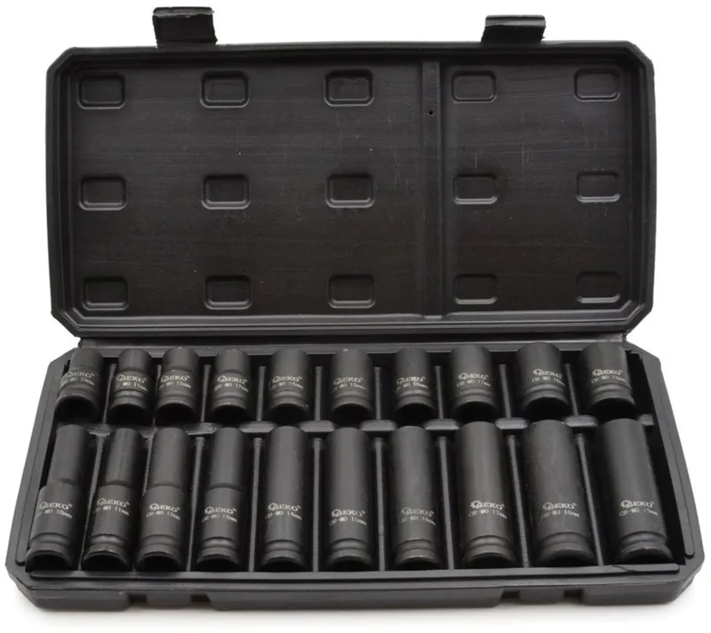 Impact dopsleutelset - 1/2" - Standaard & Diep - 10-19 mm - Chroom-Molybdeen - Zwart de GEKO, Ornaje – image du produit