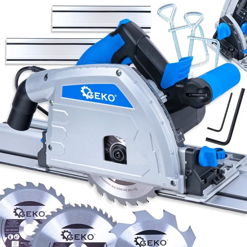 Invalcirkelzaag met geleiderail 1200 W, 165 mm, zaagdiepte 56 mm, 3 zaagbladen, tot 12 mm langs de wand, 2 m kabel by GEKO – product image