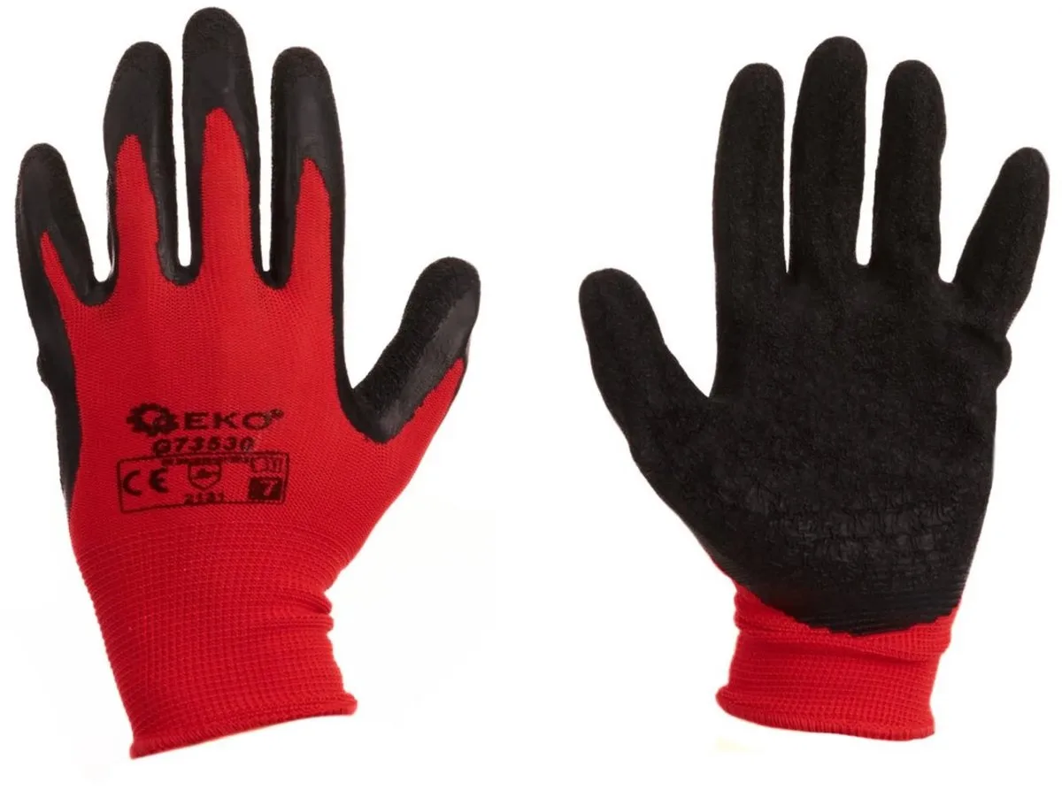 Katoenen werkhandschoenen - latex grip - rood/zwart - 12 stuks van GEKO, Zwart, 7 – productafbeelding