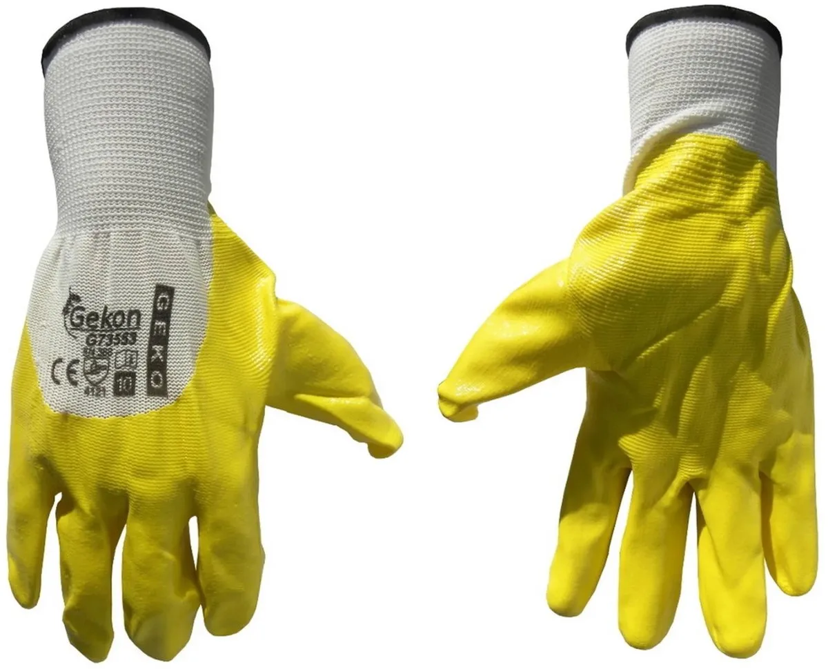Katoenen werkhandschoenen - nitril coating - wit-grijs - 12 stuks van GEKO, Zwart, 9 – productafbeelding