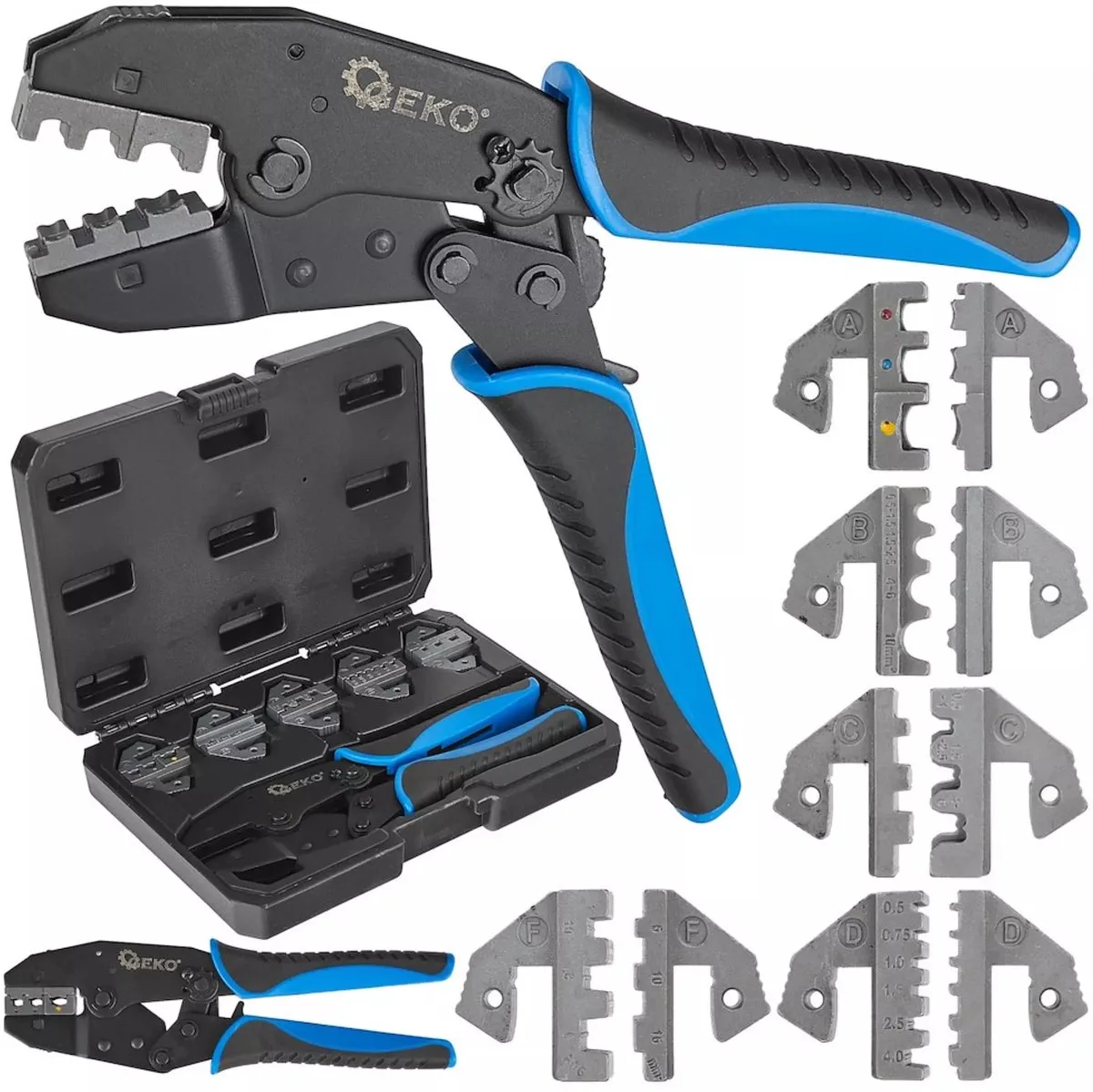 Krimptang set - gehard staal - wisselbekken, instelbare krimpkracht - 22 cm - 6-delig - voor kabelschoenen en adereindhulzen in voertuigen by GEKO, Black – product image