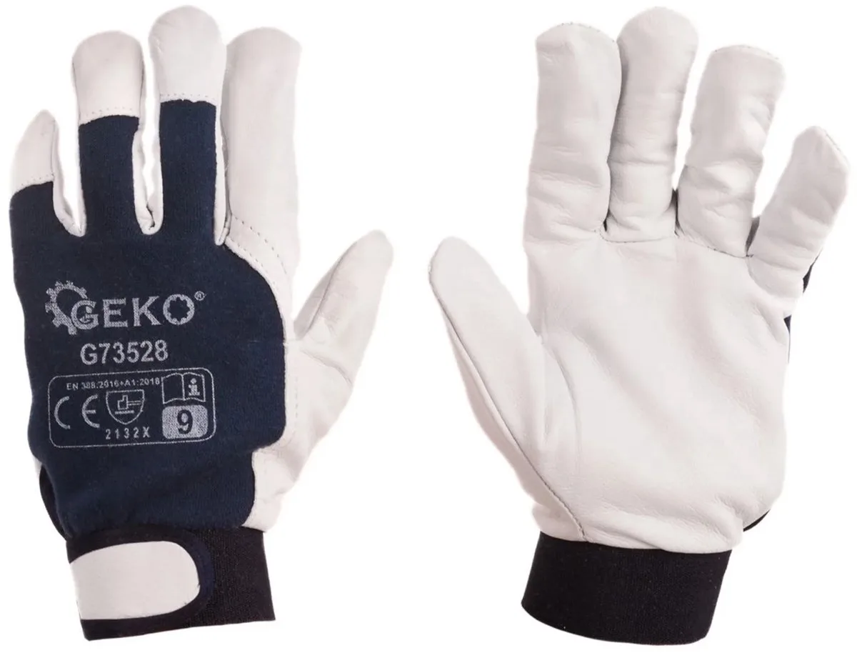 Leren werkhandschoenen - klittenband sluiting - Navy en wit - 12 stuks de GEKO, Noir, 9 – image du produit
