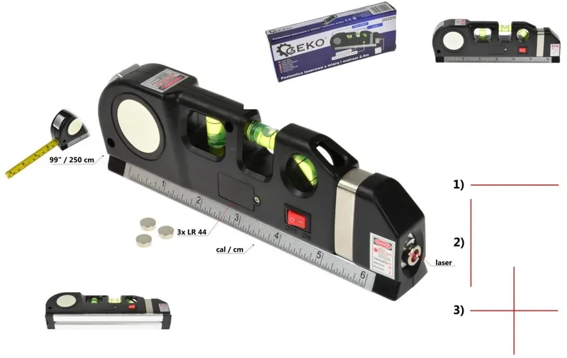Multipurpose laserwaterpas - 2,5m meetlint - 3 richtingsniveaus by GEKO, Silver – product image