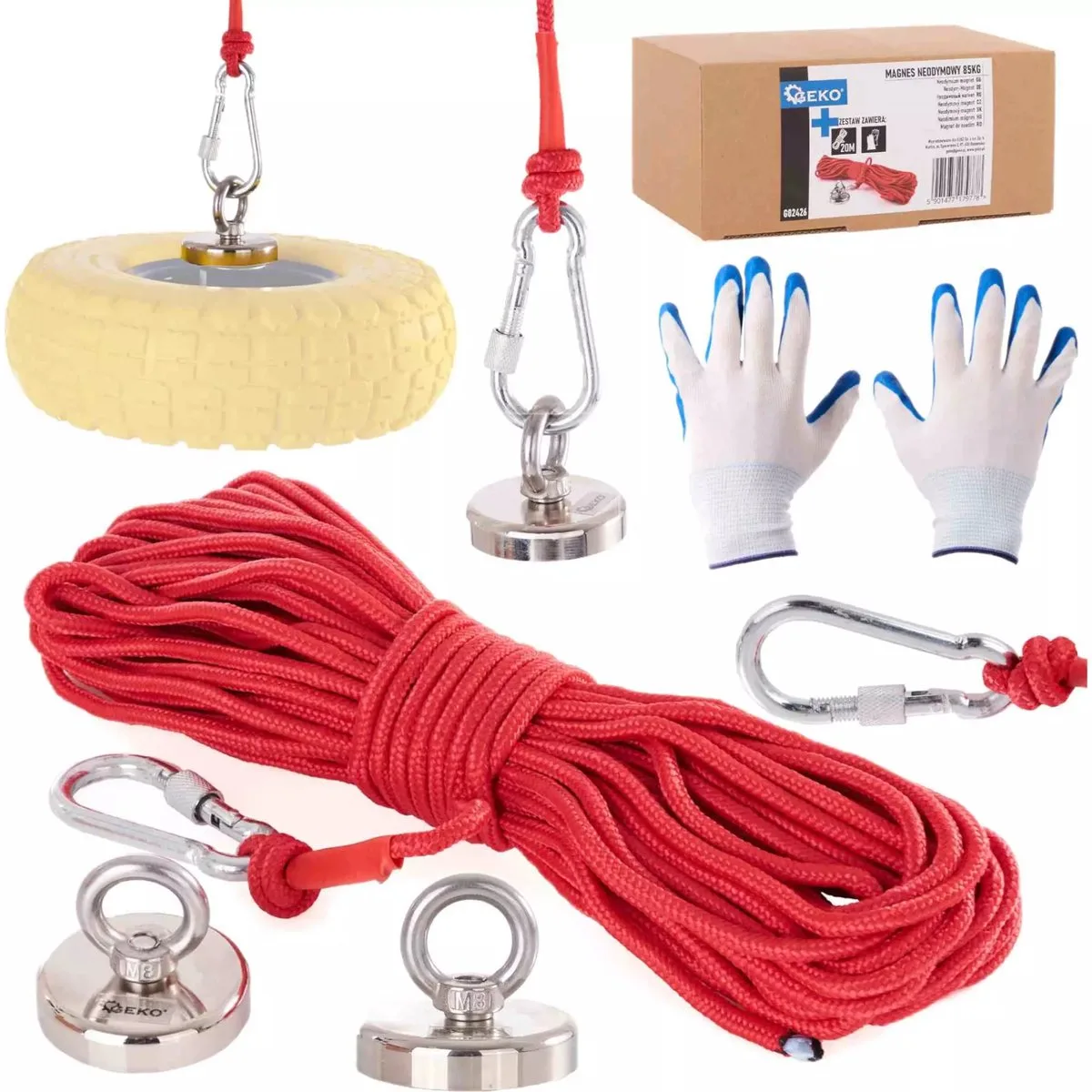 Neodymium magneetset - 85 kg trekkracht - Inclusief 20m touw en handschoenen de GEKO, Rouge – image du produit