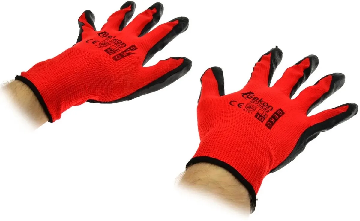 Rode werkhandschoenen - ademend katoen - slijtvaste nitril coating - 12 stuks de GEKO, Noir, 10 – image du produit