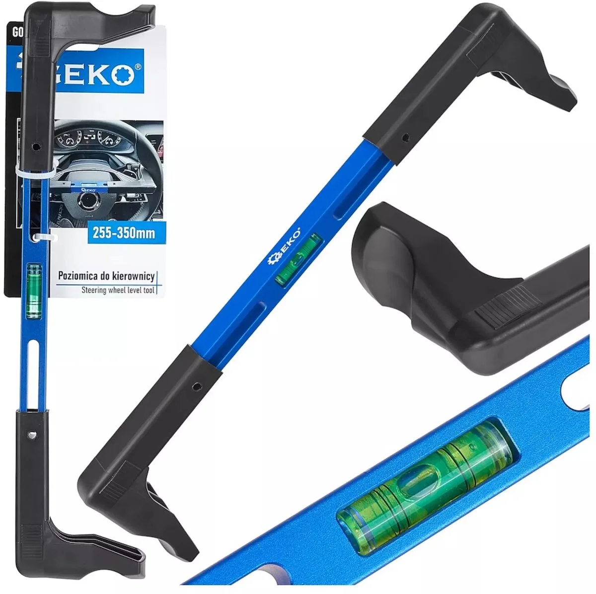 Stuurwiel uitlijnhulp - met waterpas en verstelbare klem - 25,5–35 cm - blauw - voor nauwkeurig centreren bij wieluitlijning de GEKO, Aluminium – image du produit