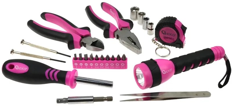 Universele gereedschapsset - 23-delig - Inclusief zaklamp en meetlint - Compacte opbergtas de GEKO, Rose – image du produit