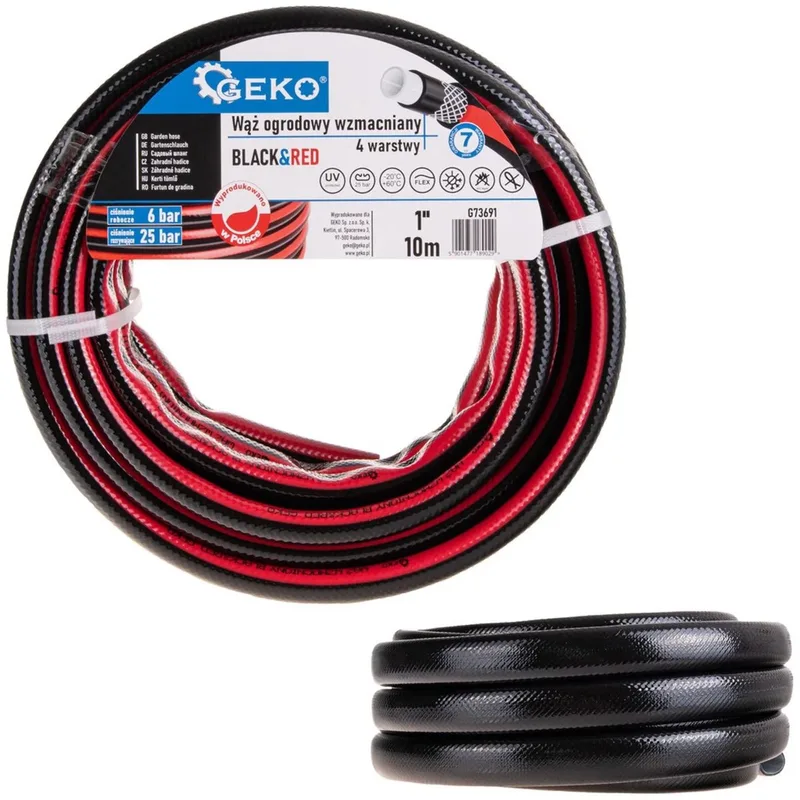 Versterkte tuinslang - 4 lagen - UV-bescherming - 1" diameter - 10m - zwart/rood de GEKO – image du produit