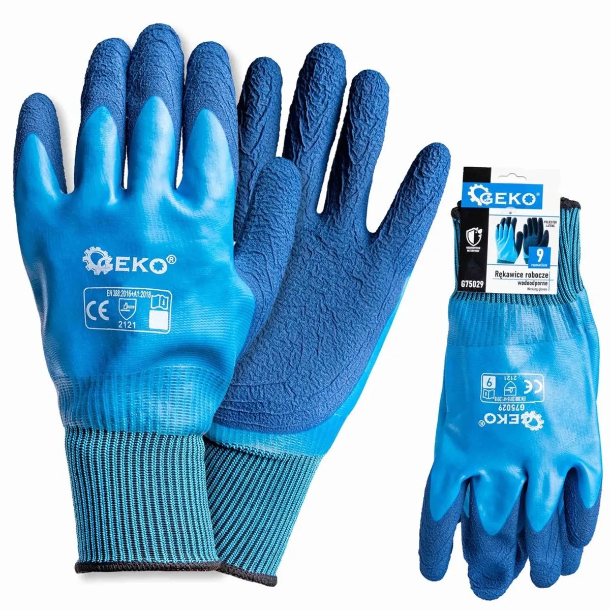 Waterdichte werkhandschoenen - polyester latex - blauw - 12 stuks de GEKO, Bleu, 9 – image du produit
