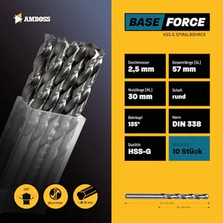 10 x HSS-G BASE Force Metallbohrer DIN 338 - Ø:2.5 mm van Gemax – productafbeelding 2 van 2