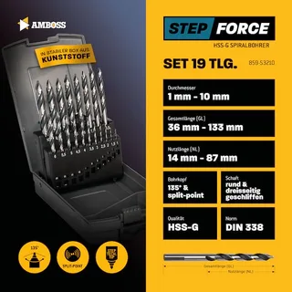 19-tlg. Step Force Set Spiralbohrer HSS-G DIN 338 (Ø 1-10 mm) by Gemax – product image 2 of 2