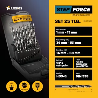 25-tlg. Step Force Set Spiralbohrer HSS-G DIN 338 (Ø 1-13 mm) by Gemax – product image 2 of 2