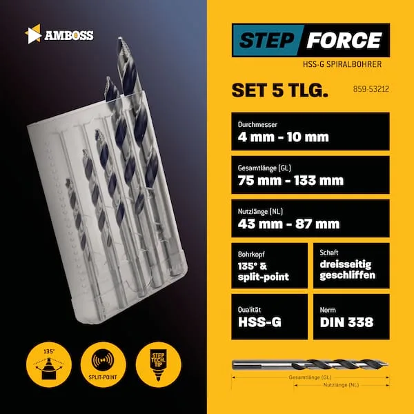 5-tlg. Step Force Set Spiralbohrer HSS-G DIN 338 (Ø 4-10 mm) de Gemax – image du produit 2 sur 2