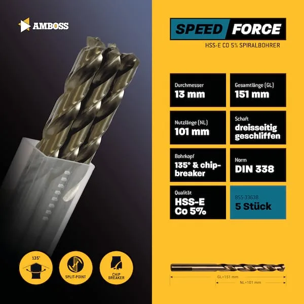 5 x HSS-ECo SPEED Force Metallbohrer DIN 338 - Ø:13 mm van Gemax – productafbeelding 2 van 2
