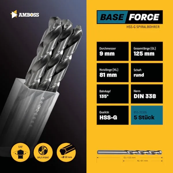 5 x HSS-G BASE Force Metallbohrer DIN 338 - Ø:9 mm från Gemax – produktbild 2 av 2